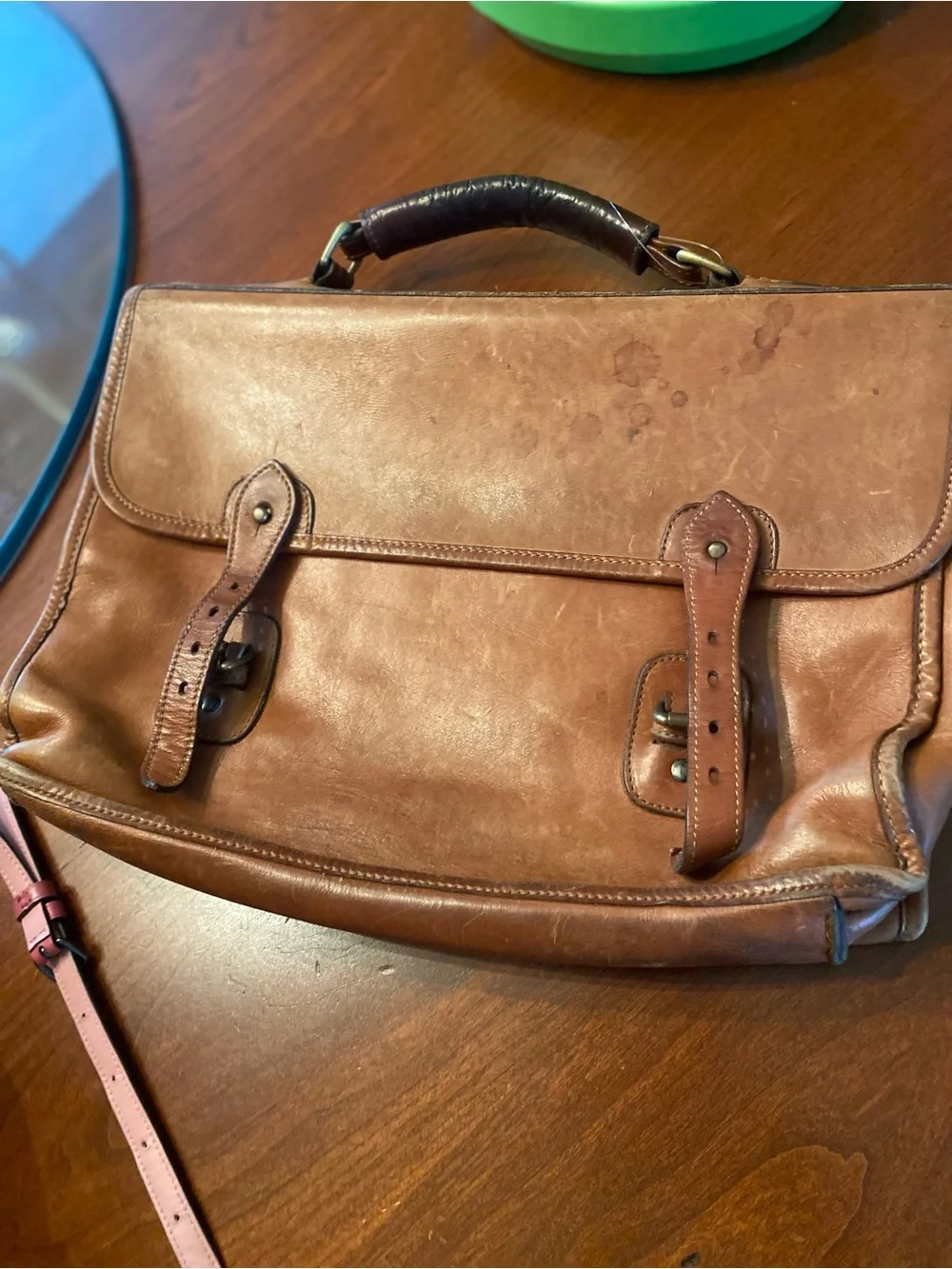 Boden Tan Leather Briefcase w/Buckle Straps. Great leather. Polish be great